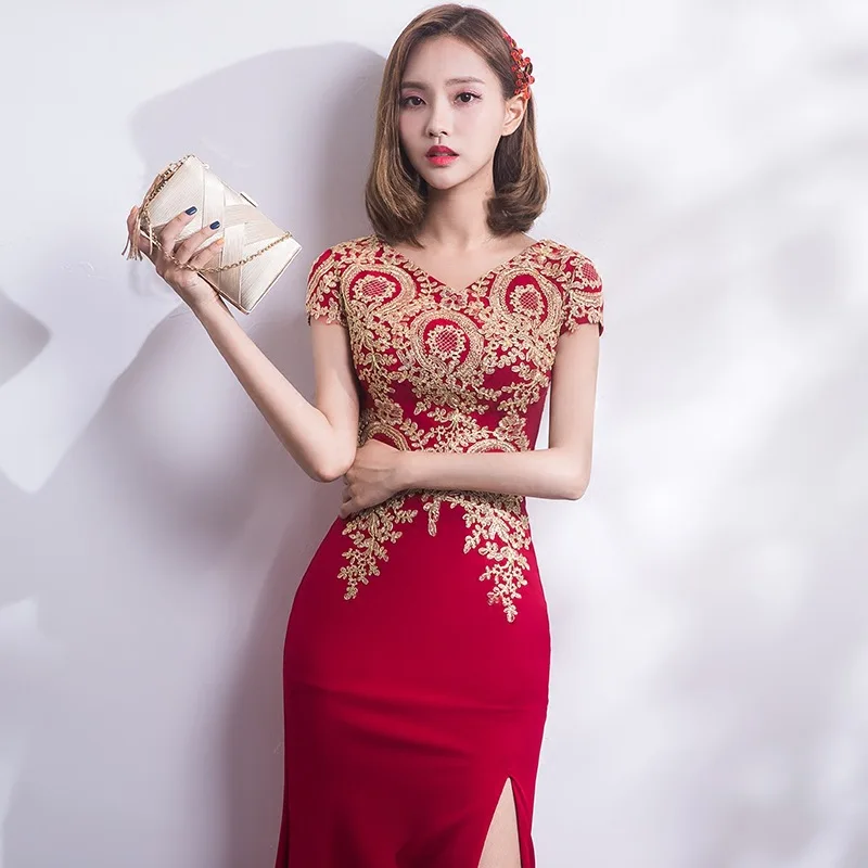 2018 вышивка Cheongsam длинное традиционное китайское винтажное платье красное