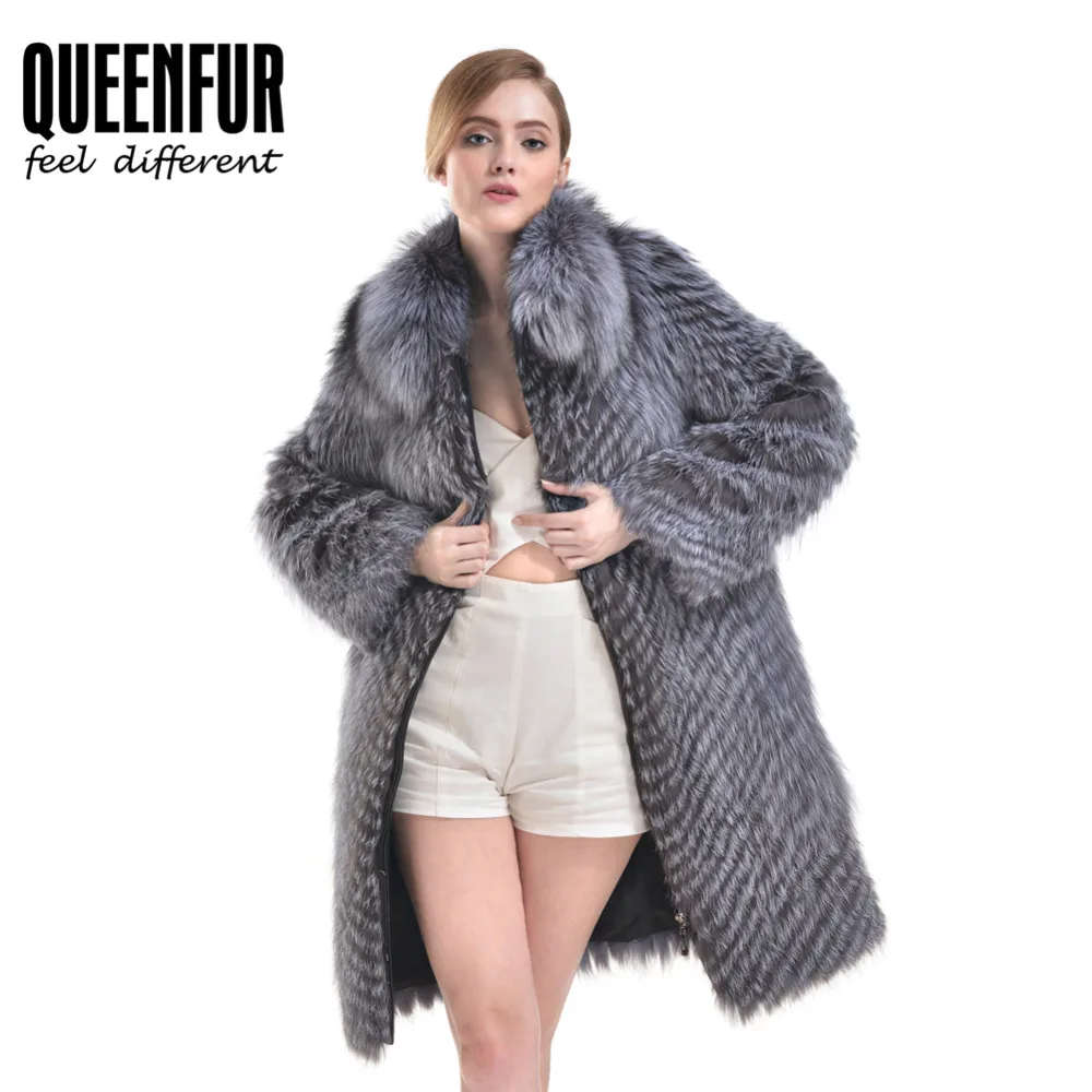 QUEENFUR моды в реальном чернобурки меховой пальто из натуральной шерсти Fox Для