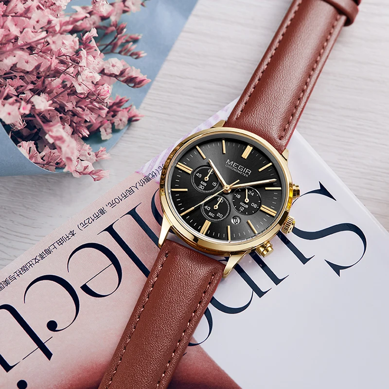 MEGIR Лидирующий бренд кварцевые часы мужские повседневные кожаные хронограф для