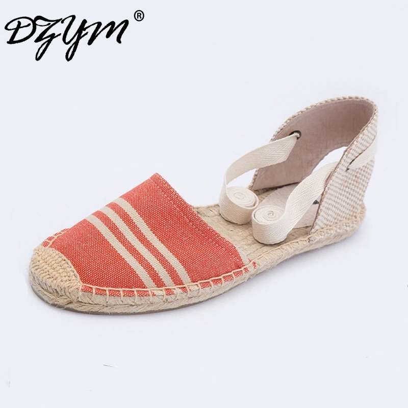 DZYM  Classic Canvas Espadrille Lino Women Flats Hemp Fashion Cross-tied Linen Loafers Stripe Fisherman Shoes Zapatos Mujer