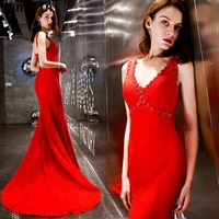 janevini arabic red women long dress evening gowns elegant lace mermaid beaded plus size v neck lace up formal party dresses
