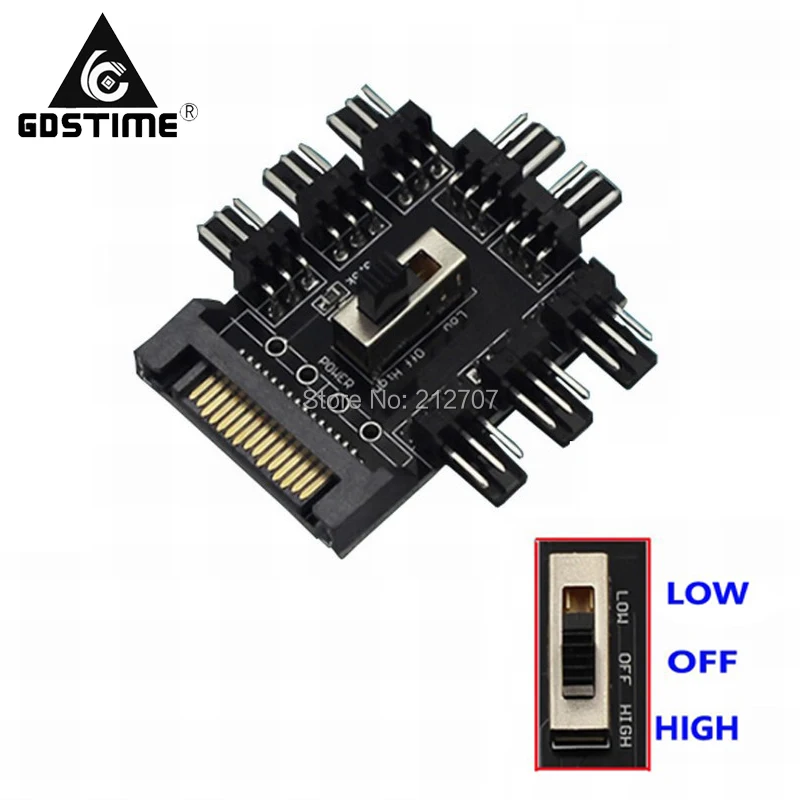 10pcs Gdstime Multi Way Splitter Cooler Cooling Fan Hub PC Computer SATA 1 to 8 3Pin 12V Black | Компьютеры и офис