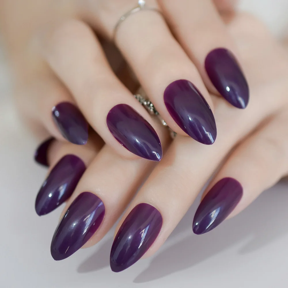 

Oval Almond Sharp Solid Gray Purple Fake Nails Stiletto Full Cover Pointed Pure Color Design False Nail Wear Tips