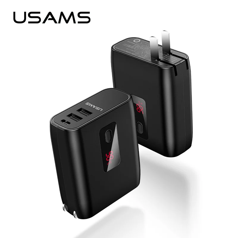 USAMS 5000 мАч led power Bank 2 в 1 EU/US зарядное устройство для телефона USB Быстрая Зарядка bank