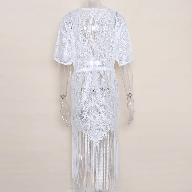 Women Lace Beach Cover Up 2018 V Neck Tassel Tie Long Beachwear Summer Swimsuit Cover Up Sexy See-through Beach Dress