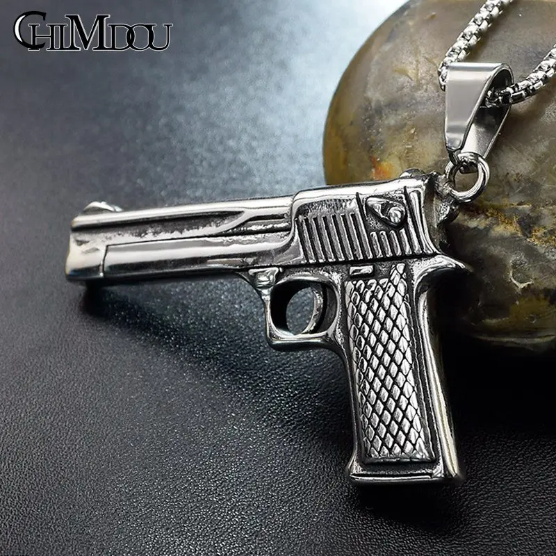 CHIMDOU punk hip hop boy man Pistol Handgun necklace men stainless steel long chain silver color colar jewelry | Украшения и