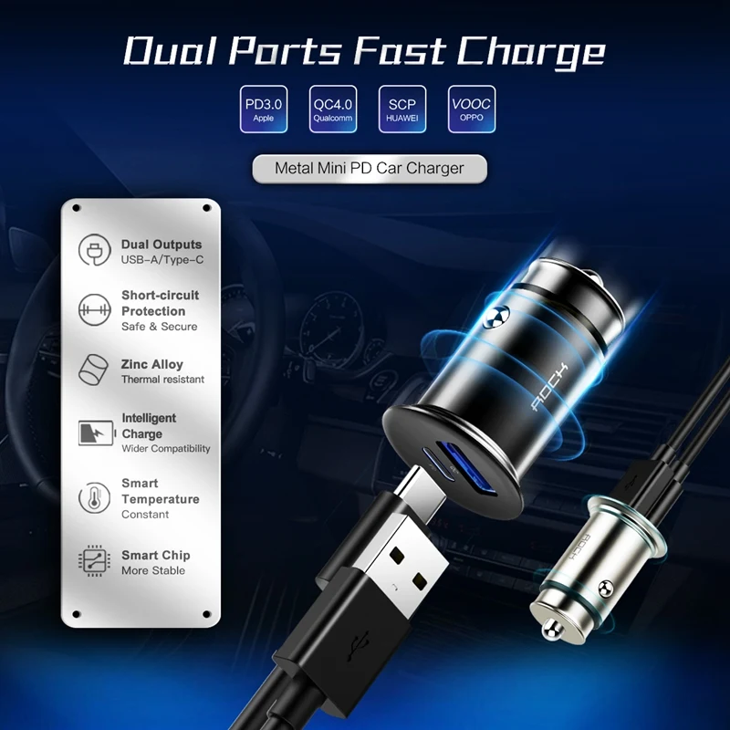 QC + PD SCP VOOC Quick Charge ROCK 4 в 1 30 Вт автомобильное зарядное устройство металлическое