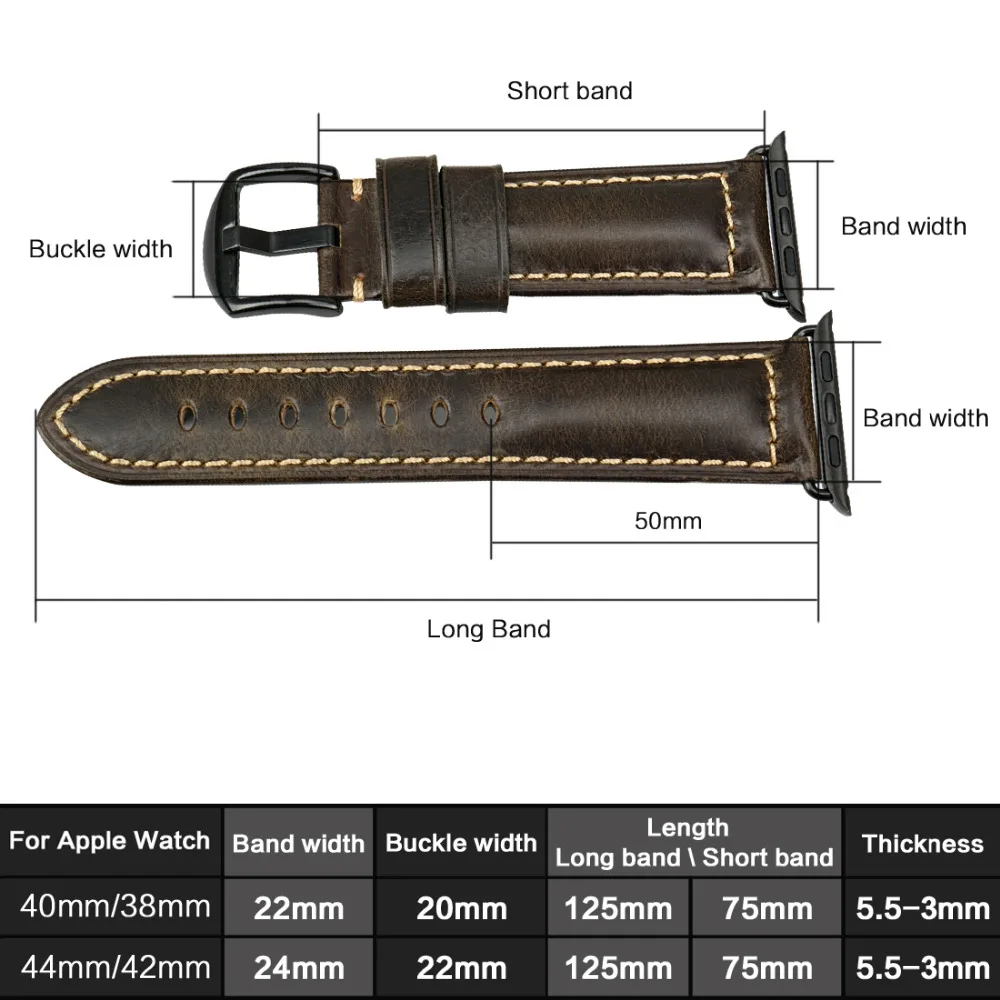Ремешок для часов MAIKES iWatch 4 зеленый браслет из вощеной коровьей кожи 44 мм 40