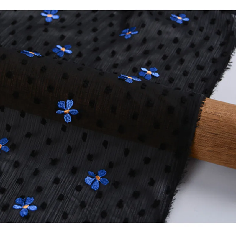 

Lace63 High - class Custom Fabrics Black Embroidered Blue Florals Chiffon Crepe Shirt Dress Fabrics Summer Evening Dress Fabrics