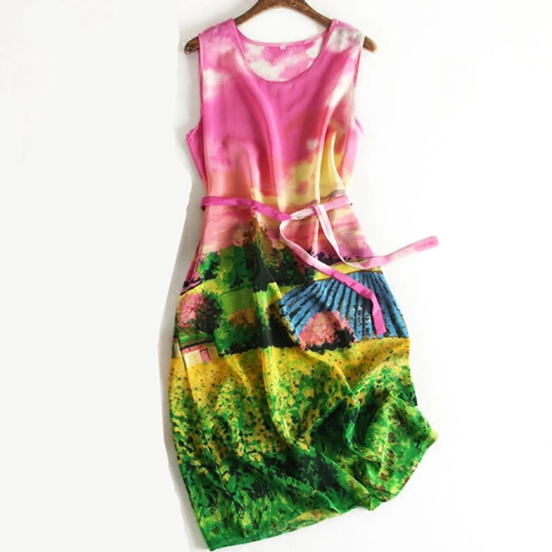 

Женское винтажное платье без рукавов, Элегантное Шелковое Платье из натурального шелка с цветочным принтом RE2309