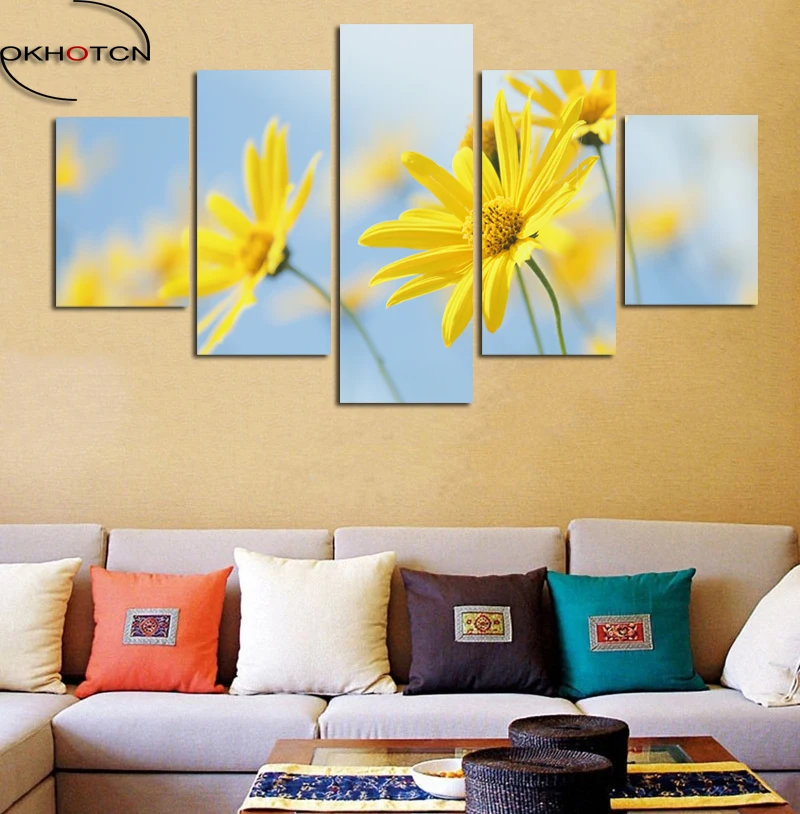 Желтый цветок домашний Декор современный 5 шт./компл. печать модульное настенное