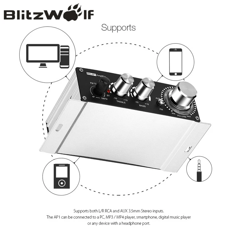 Blitzwolf Портативный мини стерео Hi Fi аудио Авто Усилитель музыка 20 Вт 12 В Мощность