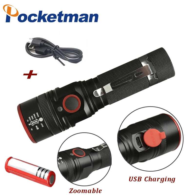 torch with battery 3800LM светодиодный светильник-вспышка USB Перезаряжаемый светильник-вспышка с usb XML T6 портативный масштабируемый фонарь 3 режима фонарь для аккумулятора 18650 - Испускаемый цвет: torch with battery