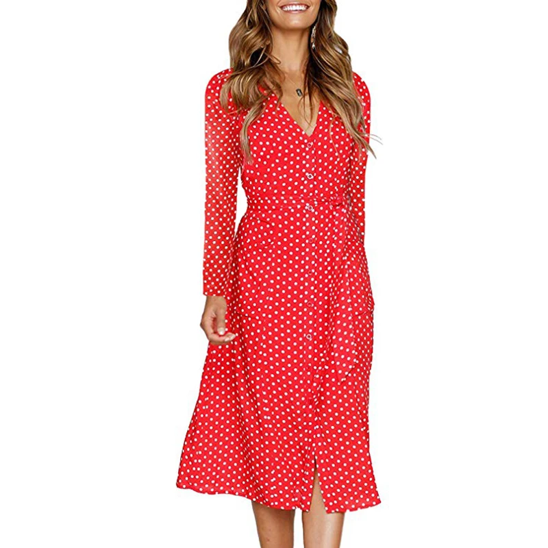Polka Dot Long Dress Women Sleeve Spring Autumn Casual Dresses Button Lace Up 2020 Streetwear Black Maxi Vestidos | Женская одежда