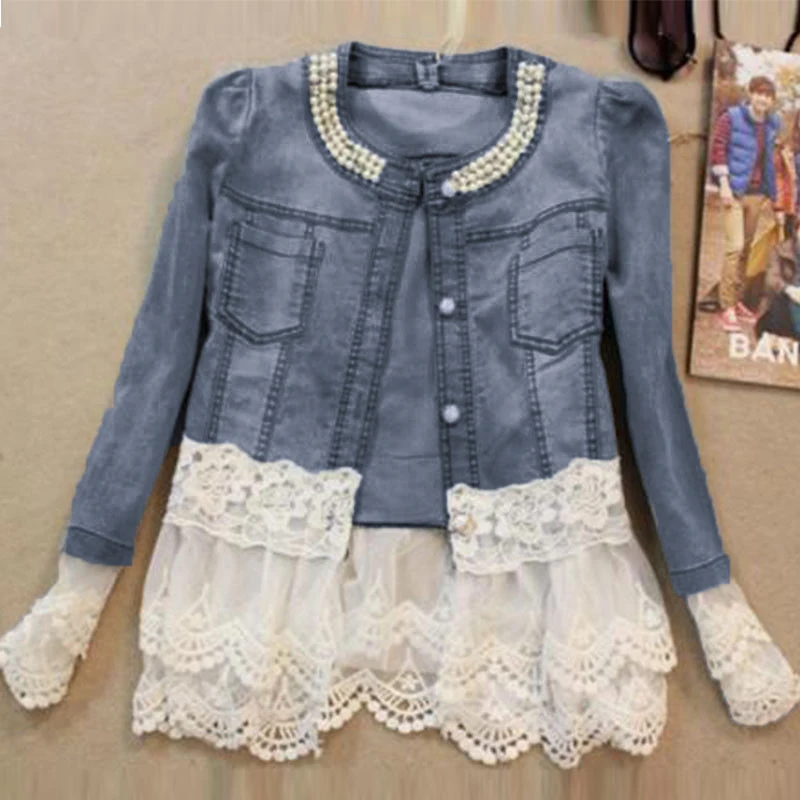 Женская модная джинсовая куртка пальто с кружевом джинсовые вечерние пиджаки |
