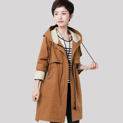 caramel colour Женская ветровка, весна-осень, новинка, модное Свободное пальто с капюшоном, пальто средней длины, большой размер, Женский Повседневный Тренч, 4XL - Цвет: caramel colour