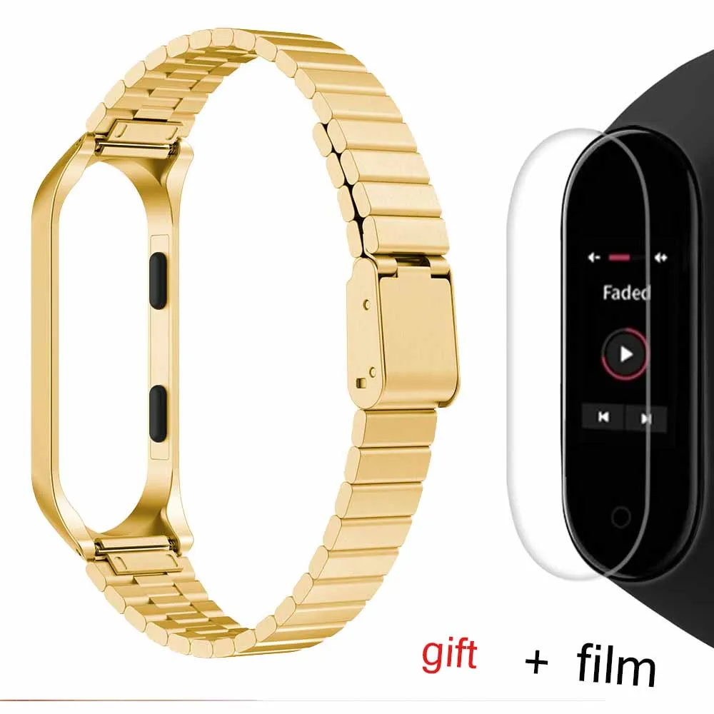 Gold Mi band 3/4 смарт-Ремешки для наручных часов+ металлический чехол для Xiaomi mi, ремешок 3/4, аксессуары для браслетов, сменный Браслет из нержавеющей стали - Цвет ремешка: Gold