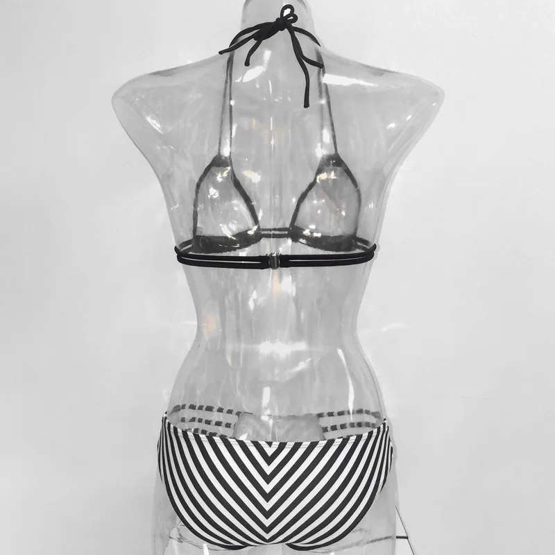 Розовый пикантный черный трикини бикини для женщин 2017 полосатый бандажный