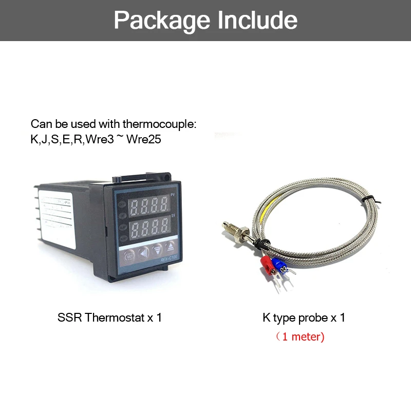 Двойной цифровой PID SSR Термостат Регулятор Температуры Комплект REX-C100 с SSR-40DA, радиатор, 2 м К термопары - Цвет: Set 3