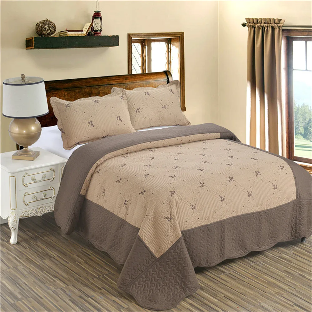 

Coffee Quilt Embroidery Summer Thin Comforter King Queen Bed Cover Patchwork Bedspread Coverlet Set Pillow Shams 3Pcs D25