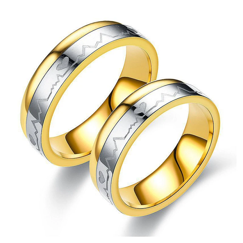 New Titanium Steel Ring for Women/Men ECG Love Pattern Stainless Couple Rings Fashion Gold Color Gift Jewelry | Украшения и