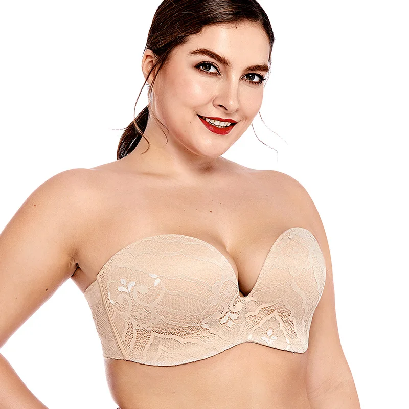 Beige02 Delimira женский сексуальный кружевной слегка мягкий бюстгальтер на косточках с эффектом пуш-ап без бретелек размера плюс - Цвет: Beige02