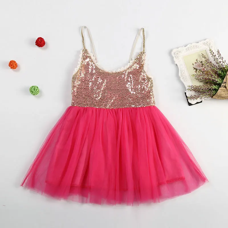 Hot Pink Girls V-Neck Sling Tutu Dress Kids Lace Sequin Gauze Party Baby Satin Bling Top with Glitter Tulle Stitching | Детская одежда