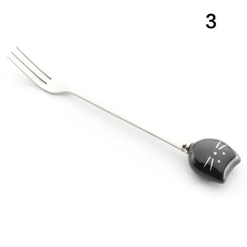 Красный 1 шт. с рисунком кота из мультфильма, ложки, вилки, длинные Кофе перемешивание ложка, вилка для фруктов Нержавеющая сталь с Керамика Кот Ручка#30 - Цвет: Красный