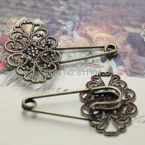 20x30mm Antique Bronze Plated Blank Oval Hollow Filigree Flower Bezel Brooches Bases Safety-Pin Clip SettingsFindings 40pcs/lot | Украшения