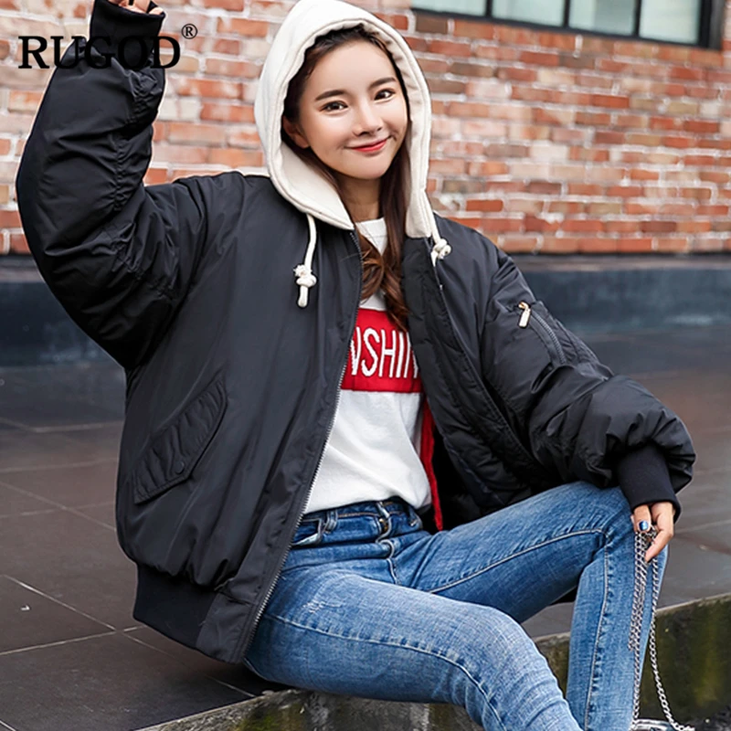 RUGOD новые толстые с капюшоном зимняя куртка Для женщин 2018 свободная хлопковая