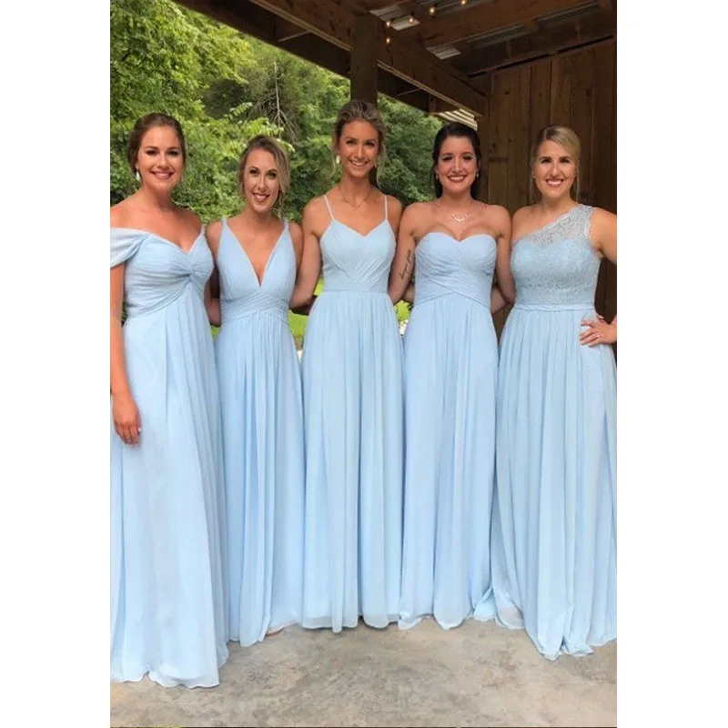 

Five Style Chiffon Long Bridesmaid Dresses New Sleeveless A Line Floor Length Ruffles Formal Wedding Gowns Party Dress