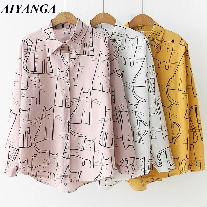 Блузка женская с мультяшным принтом 2021 хлопок белая рубашка длинным рукавом топ