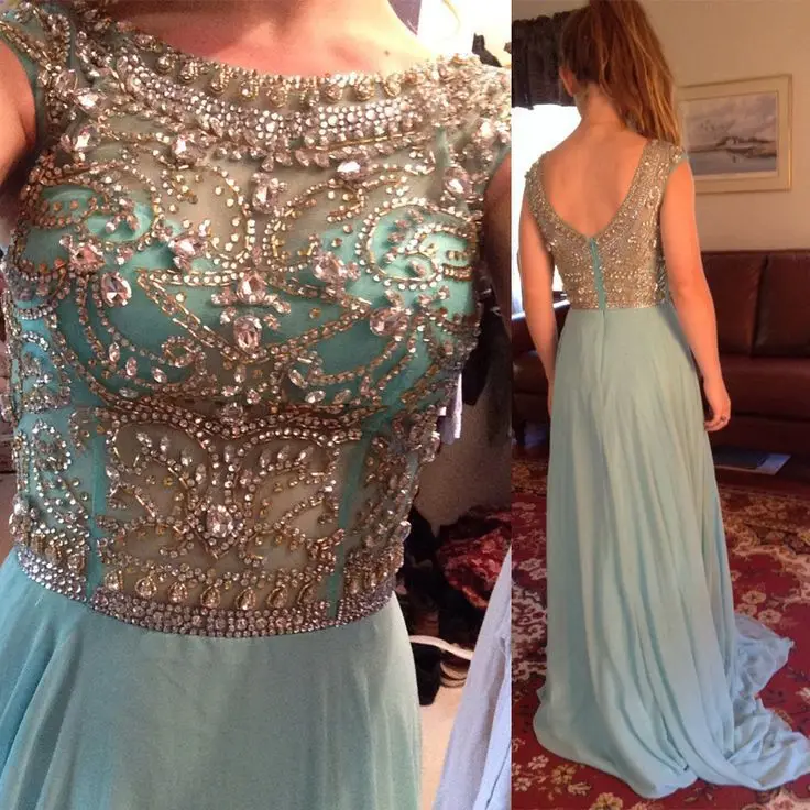 

Hot Sale 2015 Charming Evening Dress Crystal Beaded Cap Sleeve Chiffon Prom Dresses Backless Party Evening Dresses RG149