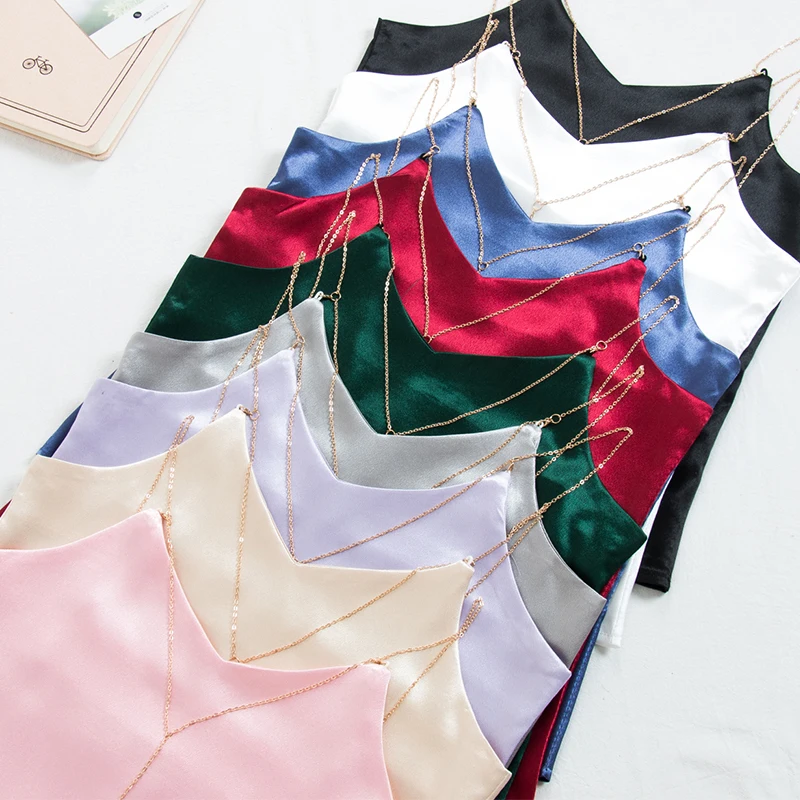 

2019 New Summer Sexy Satin Rayon Camis Fashion Metal chain V-Neck Tank Tops Women All-Match Basic Slim backless halter top Mw664