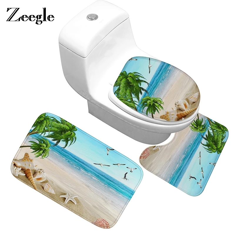 

Zeegle Beach Pattern Bathroom Carpet Bath Mat Anti-slip Mat Toilet Bathroom Floor Mats Absorbent Area Rug Shower Room Foot Pad