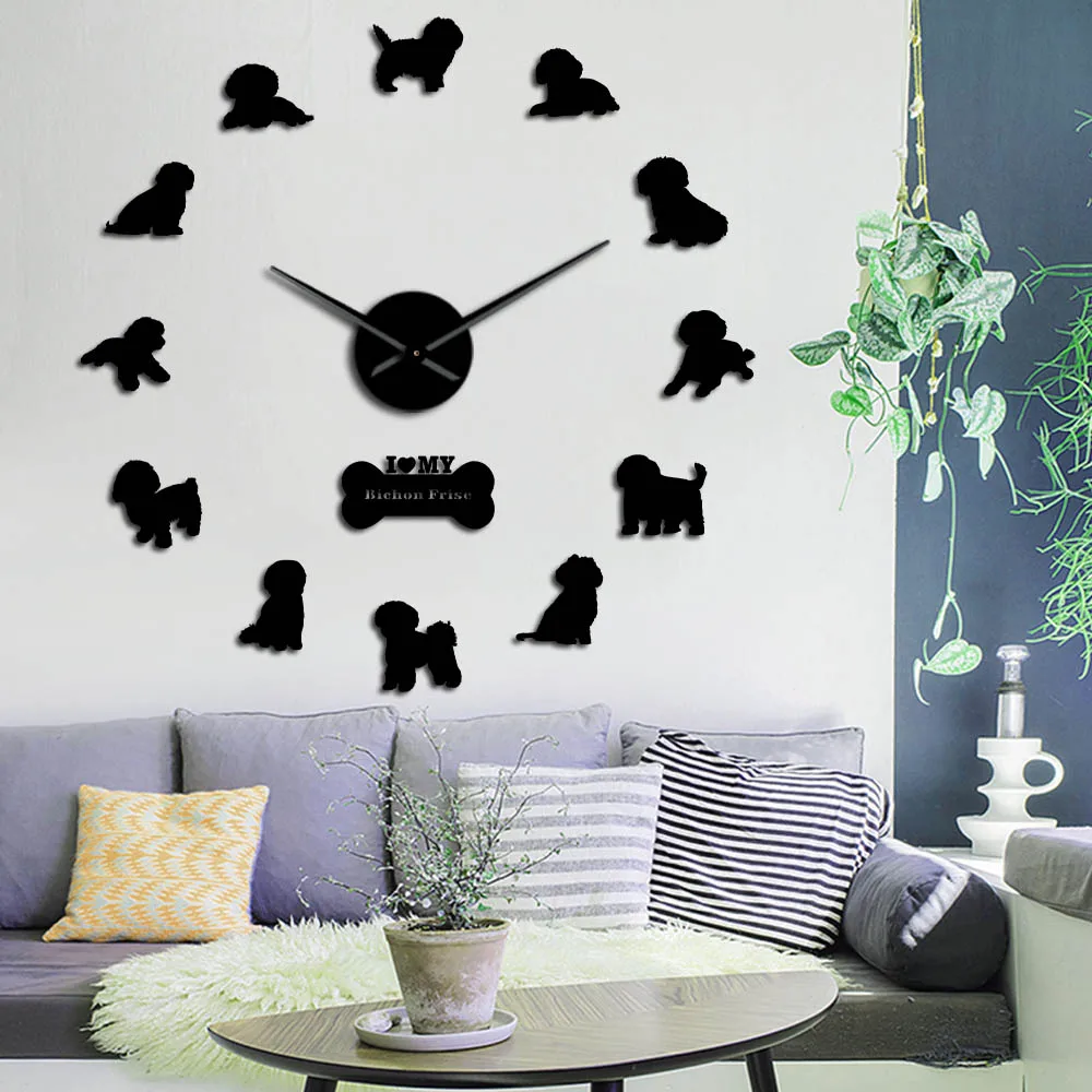 

Bichon Frise Large 3D Mirror Effect Sticker Bichón Tenerife Silent Non Ticking Movement Wall Clock Bichon à poil frisé Big Watch