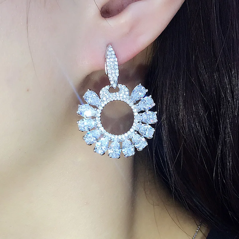 Женские круглые серьги подвески GAOLA свадебные с цветком из фианита GLE6659Y|wedding