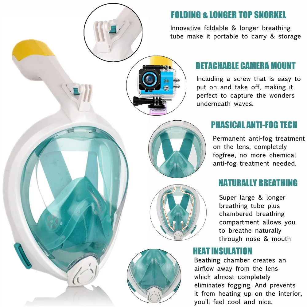 Newest Folding Snorkel Mask Full Face Underwater Scuba Diving Snorkeling Gear Set Swim Masks with Gopro Camera Amount Mergulho | Спорт и