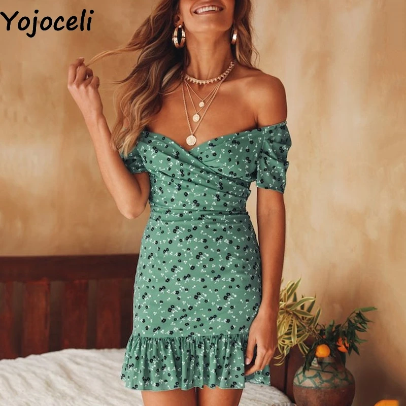 Yojoceli, сексуальное короткое шифоновое платье с открытыми плечами и цветочным принтом, женские летние элегантные вечерние платья с оборками, Пляжное повседневное мини-платье
