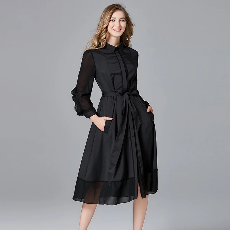 Queechalle 3XL 4XL 5XL размера плюс Повседневное платье-рубашка женское однотонное черное