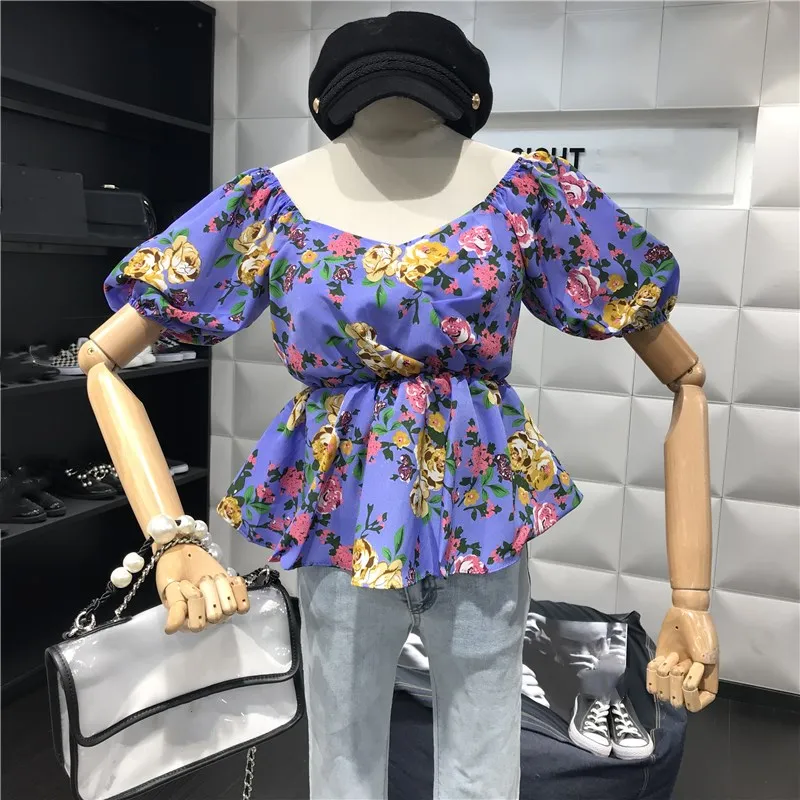 2019 Summer Fashion Streetwear Vintage Style Square Collar Florals Printed Blouse Women Blusas Girls Shirt Tops |