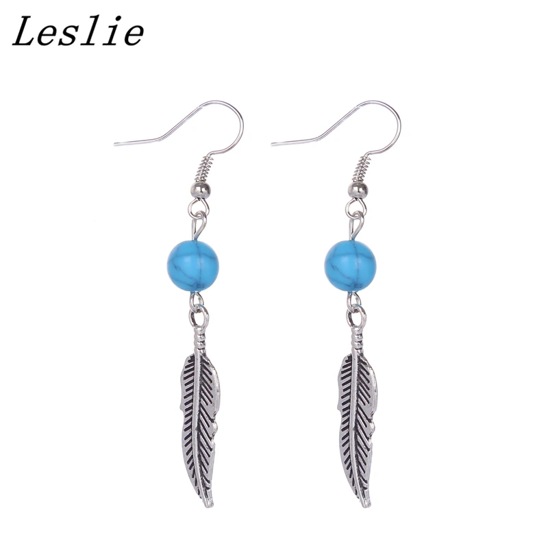 Brand Design Statement Jewelry Vintage Blue Bead Silver Feather Earrings Simple Plated Leaf Dangle For Women | Украшения и