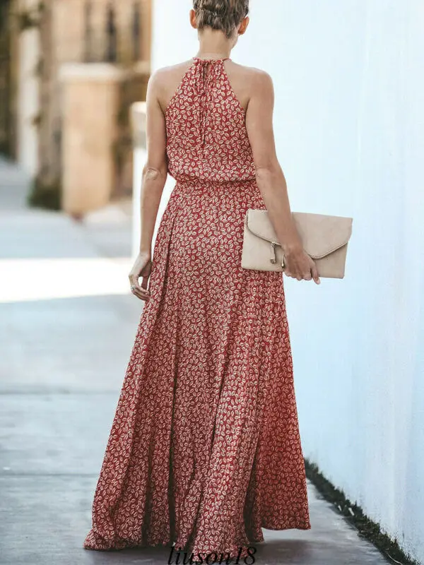 

Women Boho Long Maxi Dress Beach Holiday Party Floral High Waist Dresses Casual Summer Sleeveless Sundress