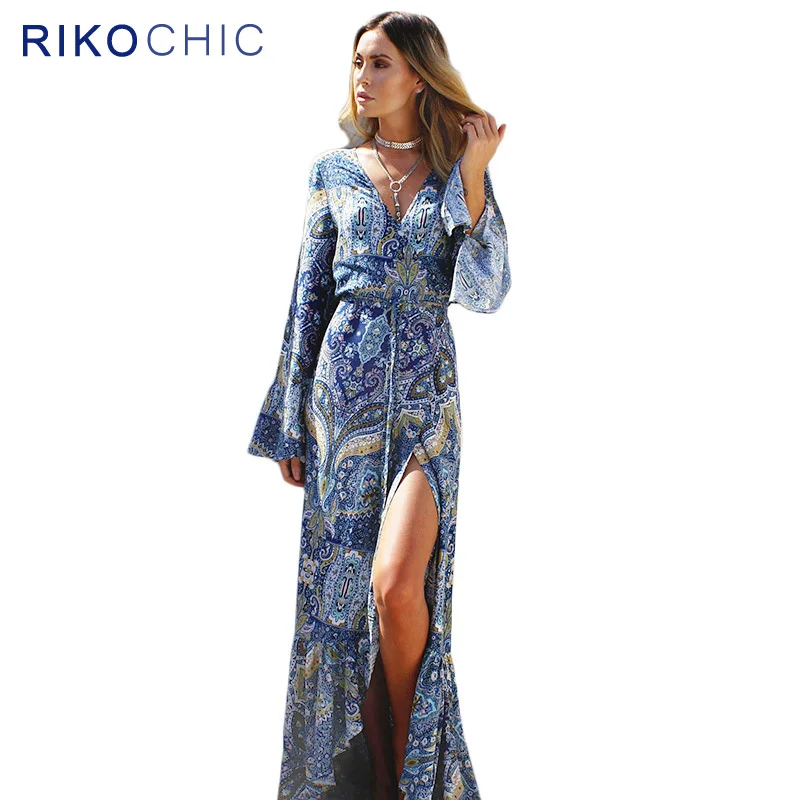 RIKOCHIC Bohemian Style Paisley Print Long Split Beach Dresses Women Sexy V neck Flare Sleeve Blue boho maxi C219 | Женская одежда