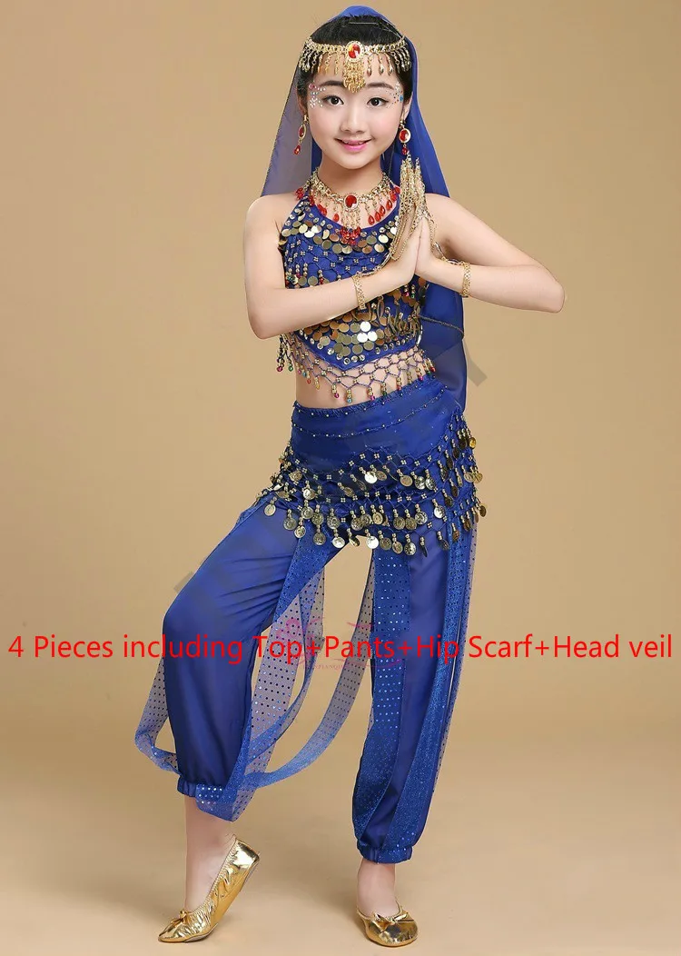 blue 4pcs Детский костюм для восточного танца, костюмы для восточных танцев, одежда для танца живота, индийские костюмы для девочек, для взрослых - Цвет: blue 4pcs