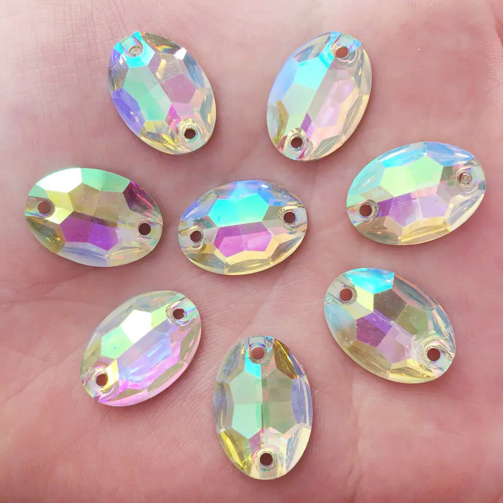 

50 pcs 13*18mm shiny AB Resin oval gem Flat back beads rhinestone 2 hole scrapbook diy jewelry making accessories PF532