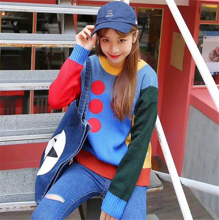High Quality Women Thick Sweater Autumn Winter New 2017 O Neck Harajuku Colorful Stitching Oversized Knitted Tops Men Sweaters | Женская