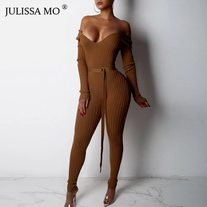 JULISSA MO с открытыми плечами вязаный край пояса комбинезон женские комбинезоны сексуальное V образным вырезом осеннее Красное Облегающее боди с длинными рукавами