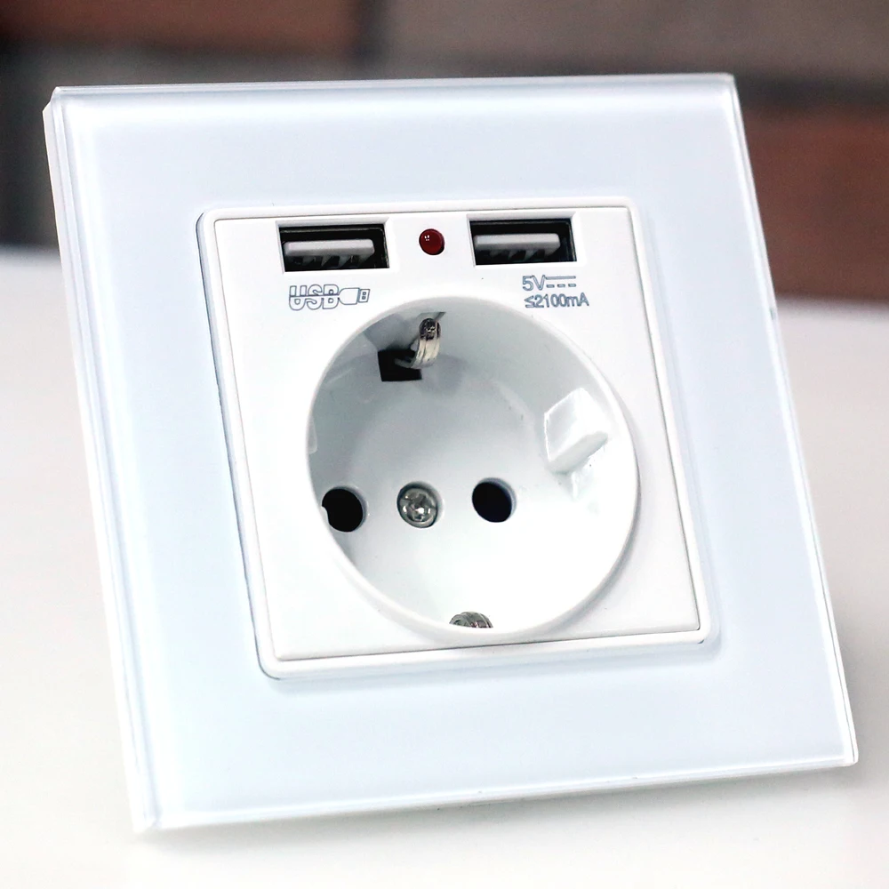 Штепсельная розетка европейского стандарта с usb-розеткой, стеклянная штепсельная вилка 2A с двойным usb-зарядным устройством, штепсельная розетка 16A 2100ma, электрическая настенная розетка