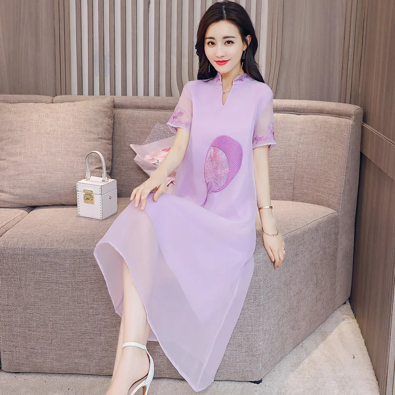 Взлетно-посадочной полосы китайский cheongsam шелковые свободные платья элегантные